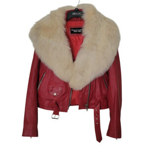 Darucci NYC Genuine Leather Biker Motorcycle Women Jacket w/White Fox Fur Size M